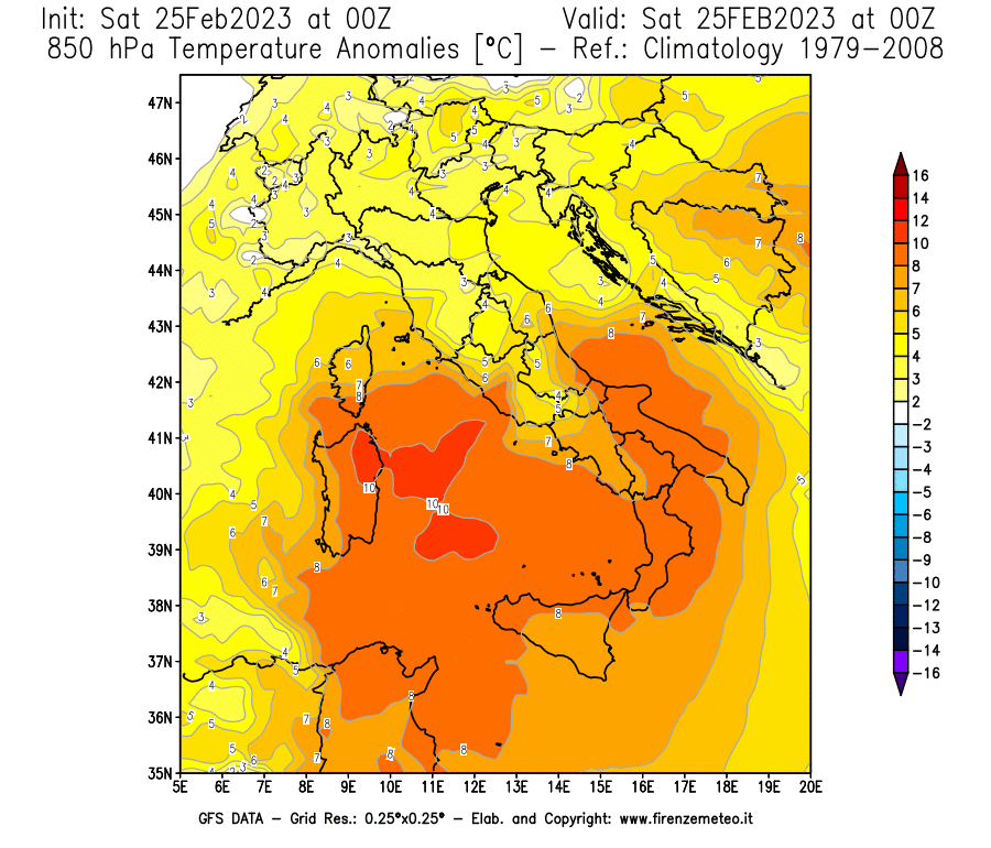 Mappa di analisi GFS - Anomalia Temperatura [°C] a 850 hPa in Italia
							del 25/02/2023 00 <!--googleoff: index-->UTC<!--googleon: index-->