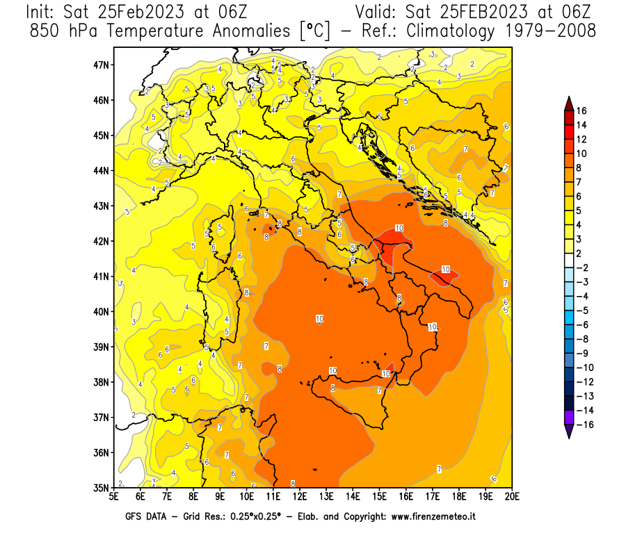 Mappa di analisi GFS - Anomalia Temperatura [°C] a 850 hPa in Italia
							del 25/02/2023 06 <!--googleoff: index-->UTC<!--googleon: index-->
