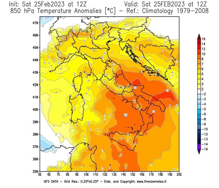 Mappa di analisi GFS - Anomalia Temperatura [°C] a 850 hPa in Italia
							del 25/02/2023 12 <!--googleoff: index-->UTC<!--googleon: index-->