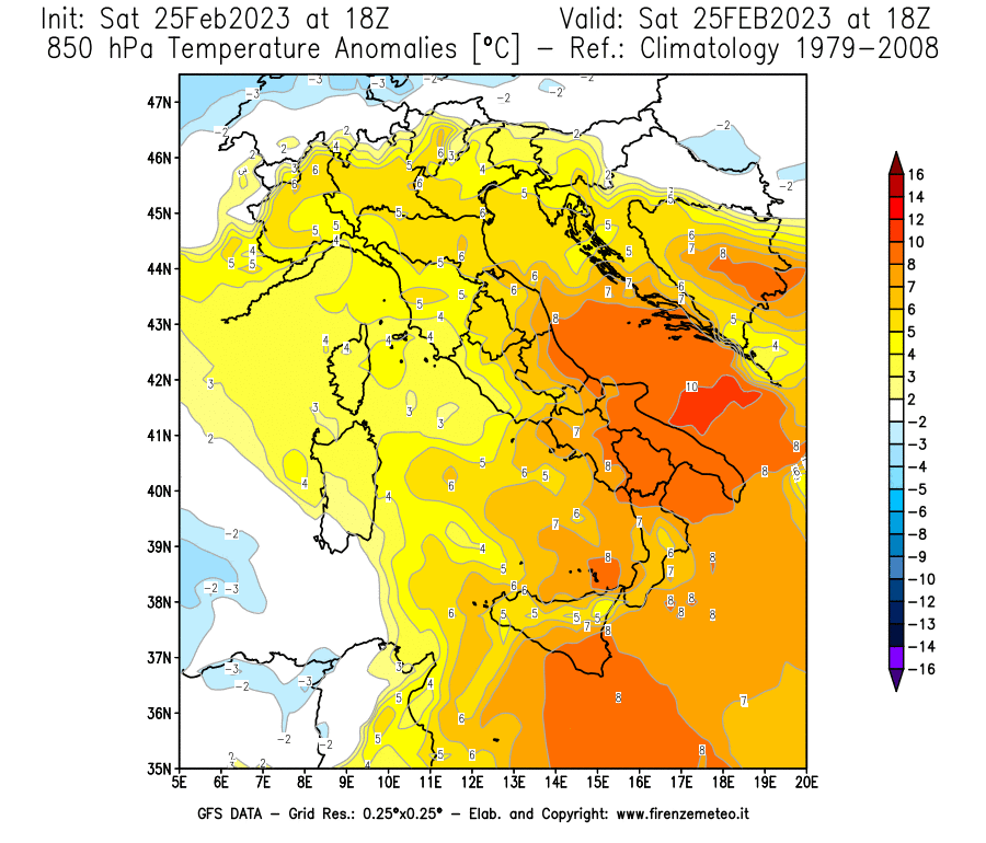 Mappa di analisi GFS - Anomalia Temperatura [°C] a 850 hPa in Italia
							del 25/02/2023 18 <!--googleoff: index-->UTC<!--googleon: index-->