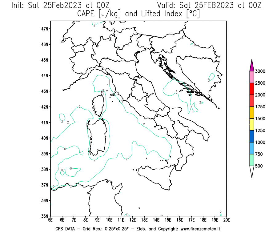 Mappa di analisi GFS - CAPE [J/kg] e Lifted Index [°C] in Italia
							del 25/02/2023 00 <!--googleoff: index-->UTC<!--googleon: index-->