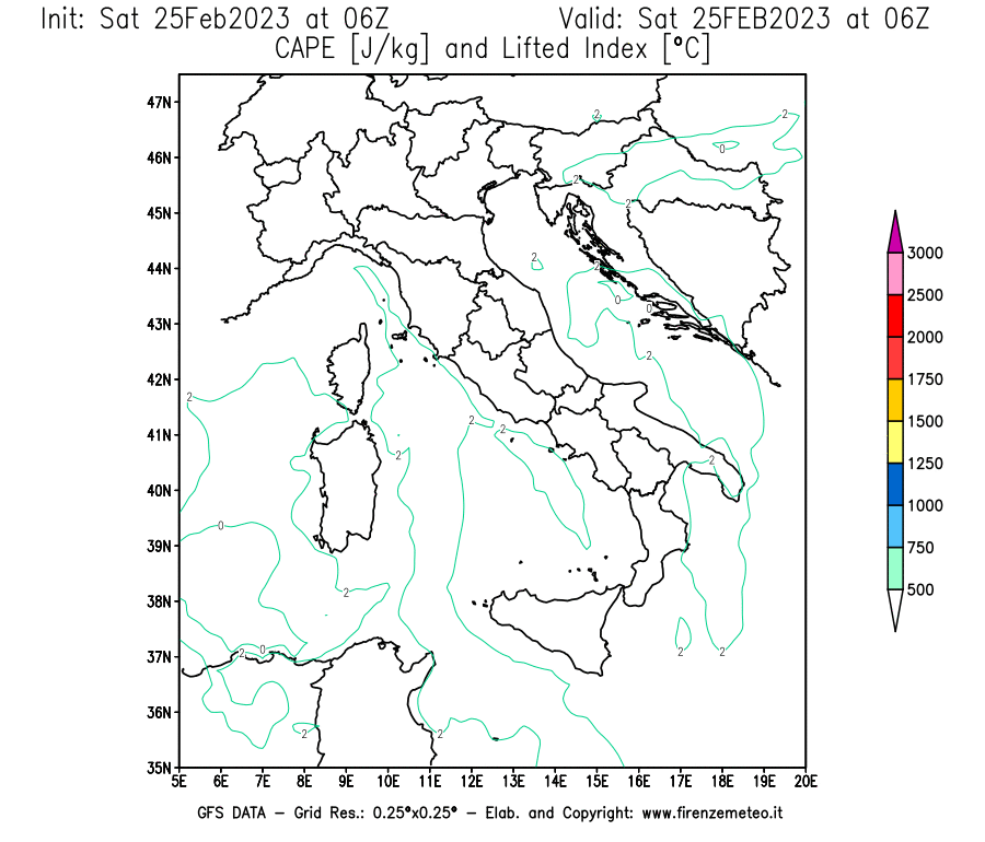Mappa di analisi GFS - CAPE [J/kg] e Lifted Index [°C] in Italia
							del 25/02/2023 06 <!--googleoff: index-->UTC<!--googleon: index-->