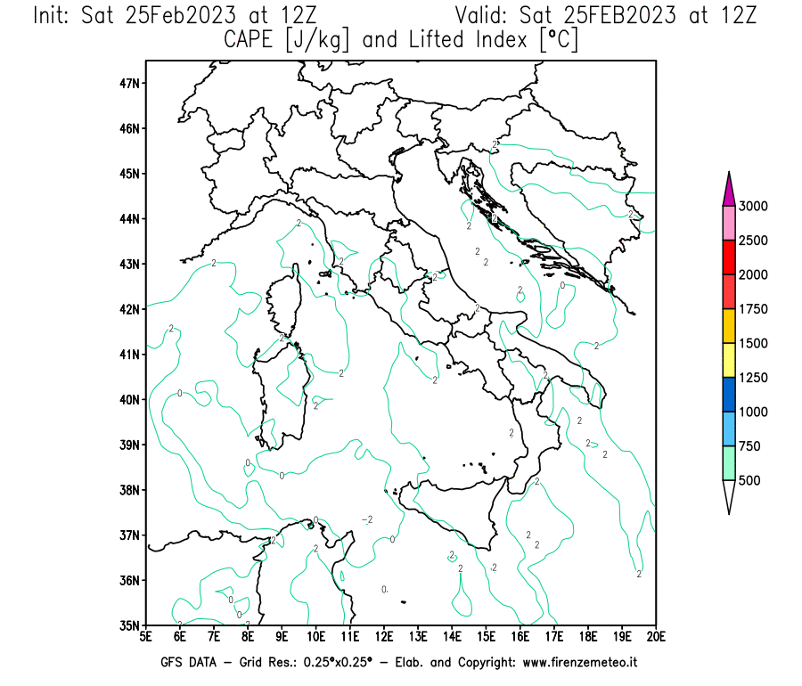 Mappa di analisi GFS - CAPE [J/kg] e Lifted Index [°C] in Italia
							del 25/02/2023 12 <!--googleoff: index-->UTC<!--googleon: index-->