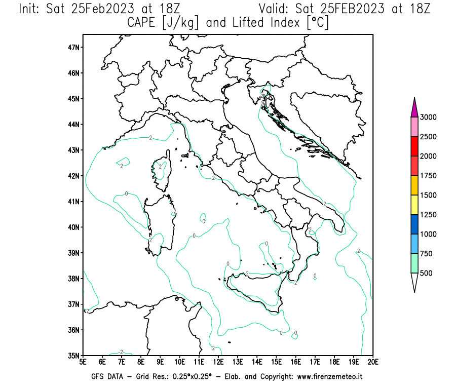 Mappa di analisi GFS - CAPE [J/kg] e Lifted Index [°C] in Italia
							del 25/02/2023 18 <!--googleoff: index-->UTC<!--googleon: index-->