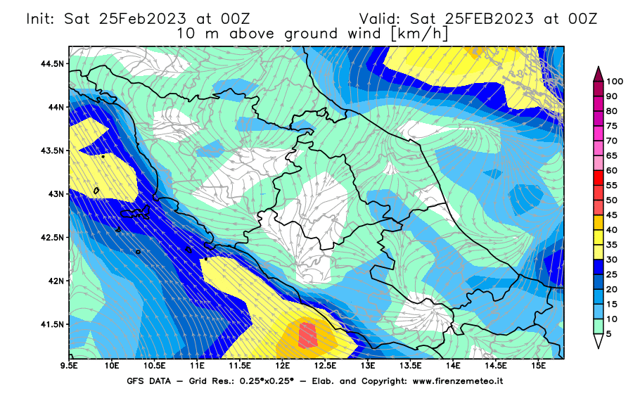Mappa di analisi GFS - Velocità del vento a 10 metri dal suolo [km/h] in Centro-Italia
							del 25/02/2023 00 <!--googleoff: index-->UTC<!--googleon: index-->