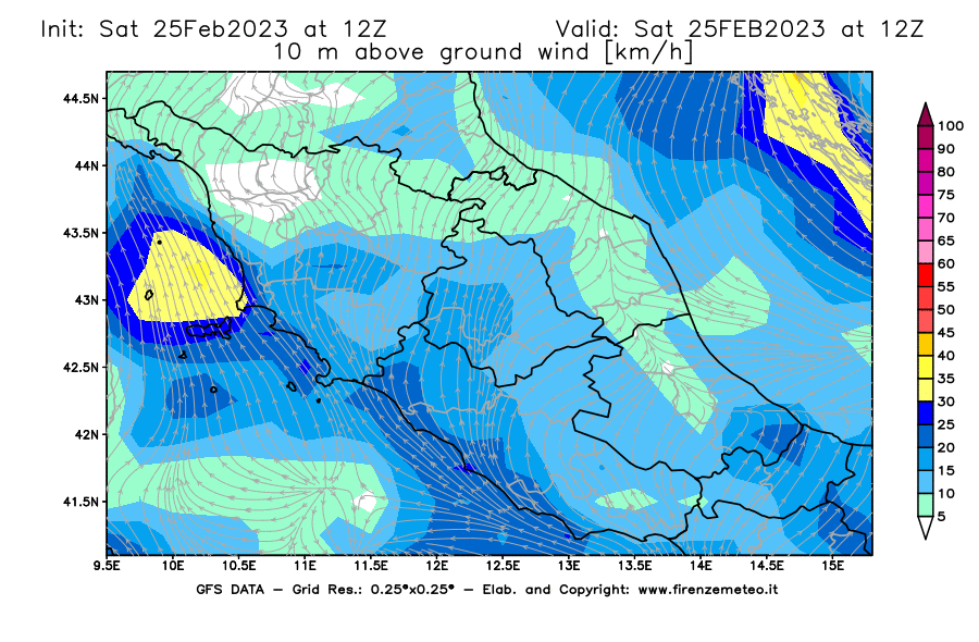 Mappa di analisi GFS - Velocità del vento a 10 metri dal suolo [km/h] in Centro-Italia
							del 25/02/2023 12 <!--googleoff: index-->UTC<!--googleon: index-->