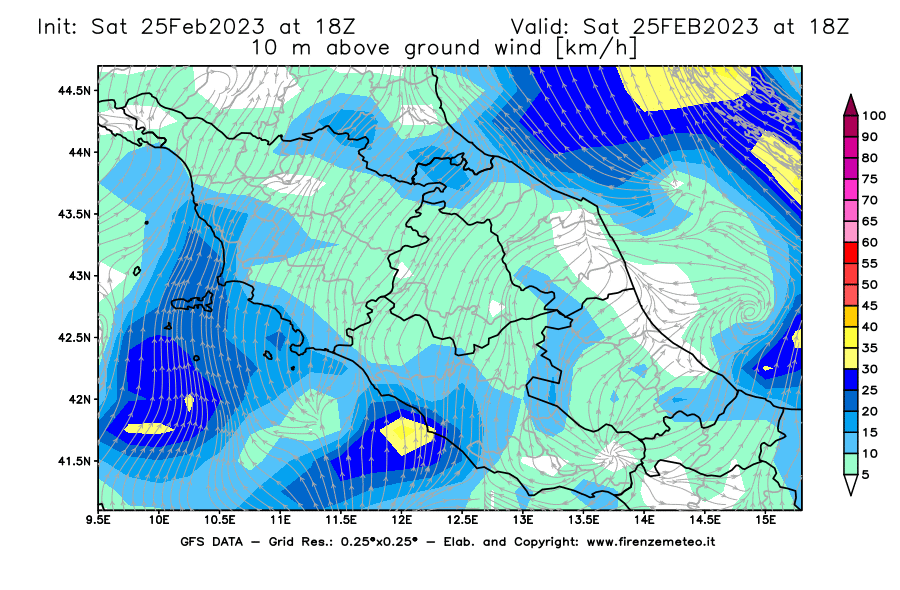 Mappa di analisi GFS - Velocità del vento a 10 metri dal suolo [km/h] in Centro-Italia
							del 25/02/2023 18 <!--googleoff: index-->UTC<!--googleon: index-->