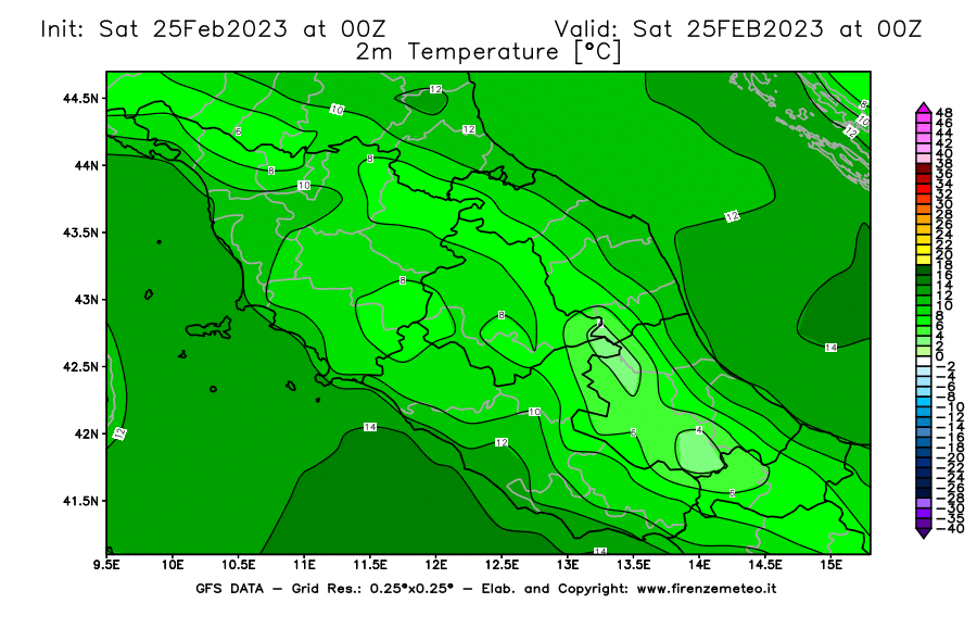 Mappa di analisi GFS - Temperatura a 2 metri dal suolo [°C] in Centro-Italia
							del 25/02/2023 00 <!--googleoff: index-->UTC<!--googleon: index-->
