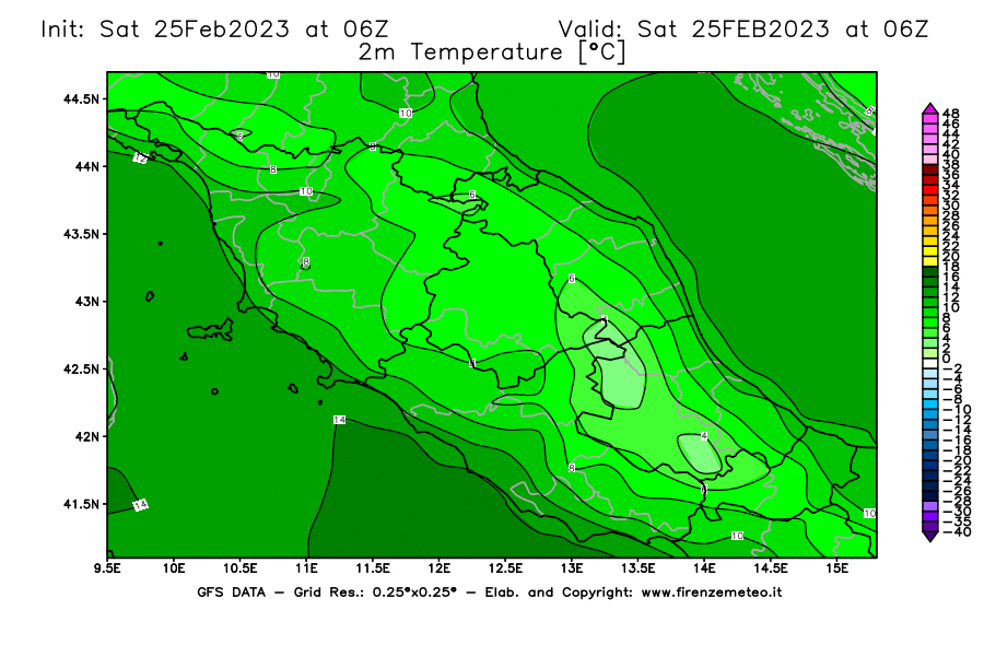 Mappa di analisi GFS - Temperatura a 2 metri dal suolo [°C] in Centro-Italia
							del 25/02/2023 06 <!--googleoff: index-->UTC<!--googleon: index-->