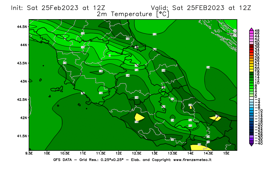 Mappa di analisi GFS - Temperatura a 2 metri dal suolo [°C] in Centro-Italia
							del 25/02/2023 12 <!--googleoff: index-->UTC<!--googleon: index-->