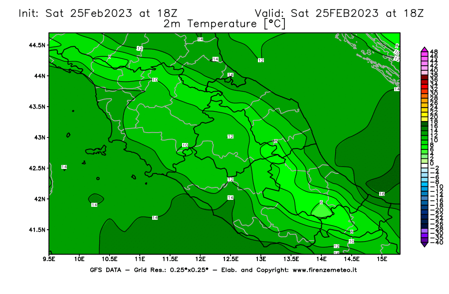 Mappa di analisi GFS - Temperatura a 2 metri dal suolo [°C] in Centro-Italia
							del 25/02/2023 18 <!--googleoff: index-->UTC<!--googleon: index-->