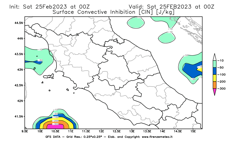 Mappa di analisi GFS - CIN [J/kg] in Centro-Italia
							del 25/02/2023 00 <!--googleoff: index-->UTC<!--googleon: index-->
