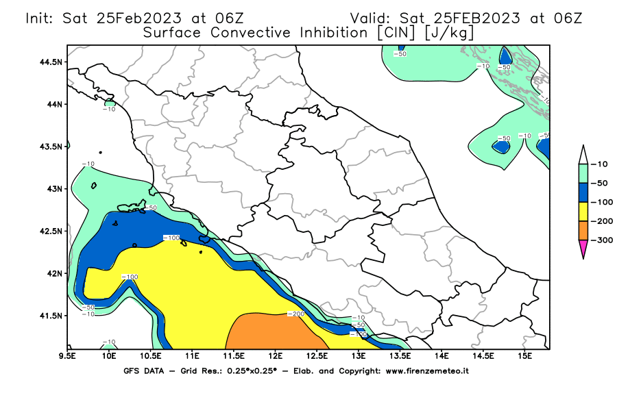 Mappa di analisi GFS - CIN [J/kg] in Centro-Italia
							del 25/02/2023 06 <!--googleoff: index-->UTC<!--googleon: index-->
