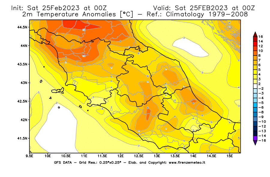 Mappa di analisi GFS - Anomalia Temperatura [°C] a 2 m in Centro-Italia
							del 25/02/2023 00 <!--googleoff: index-->UTC<!--googleon: index-->