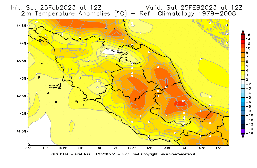 Mappa di analisi GFS - Anomalia Temperatura [°C] a 2 m in Centro-Italia
							del 25/02/2023 12 <!--googleoff: index-->UTC<!--googleon: index-->