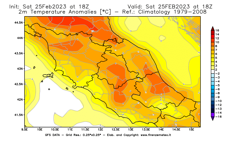 Mappa di analisi GFS - Anomalia Temperatura [°C] a 2 m in Centro-Italia
							del 25/02/2023 18 <!--googleoff: index-->UTC<!--googleon: index-->