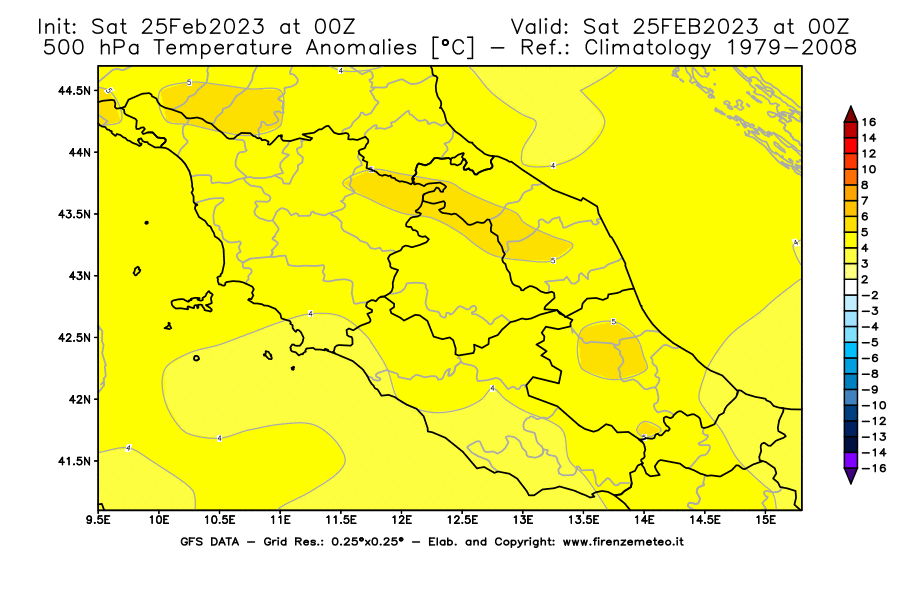 Mappa di analisi GFS - Anomalia Temperatura [°C] a 500 hPa in Centro-Italia
							del 25/02/2023 00 <!--googleoff: index-->UTC<!--googleon: index-->
