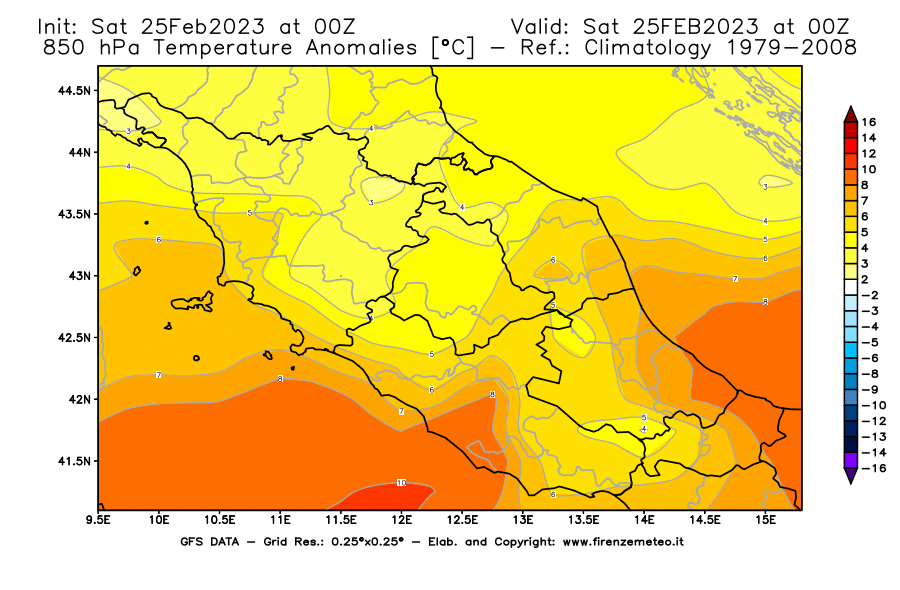 Mappa di analisi GFS - Anomalia Temperatura [°C] a 850 hPa in Centro-Italia
							del 25/02/2023 00 <!--googleoff: index-->UTC<!--googleon: index-->