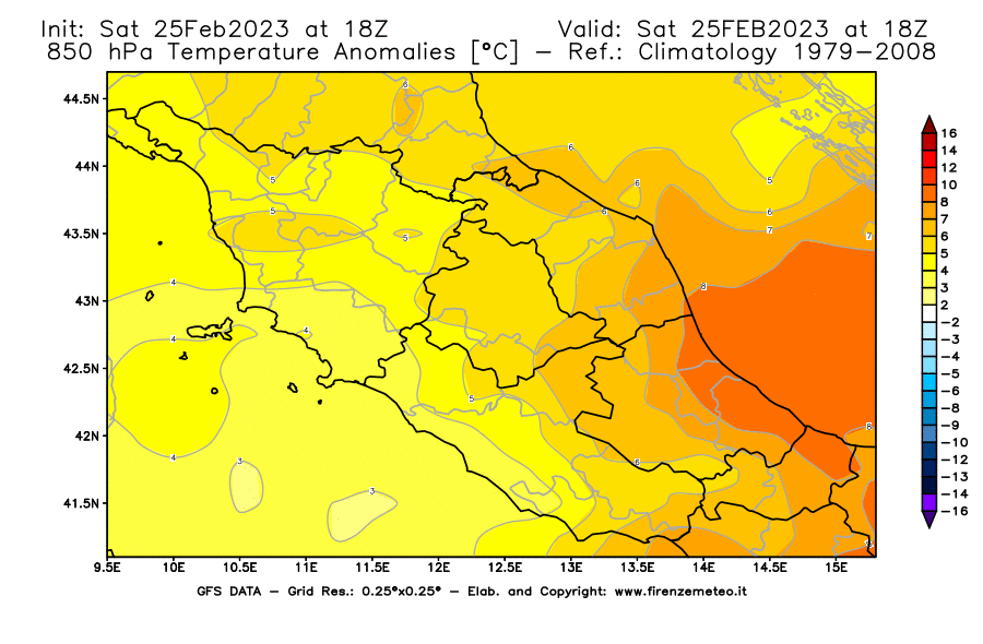 Mappa di analisi GFS - Anomalia Temperatura [°C] a 850 hPa in Centro-Italia
							del 25/02/2023 18 <!--googleoff: index-->UTC<!--googleon: index-->
