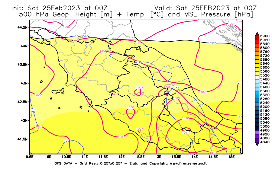 Mappa di analisi GFS - Geopotenziale [m] + Temp. [°C] a 500 hPa + Press. a livello del mare [hPa] in Centro-Italia
							del 25/02/2023 00 <!--googleoff: index-->UTC<!--googleon: index-->