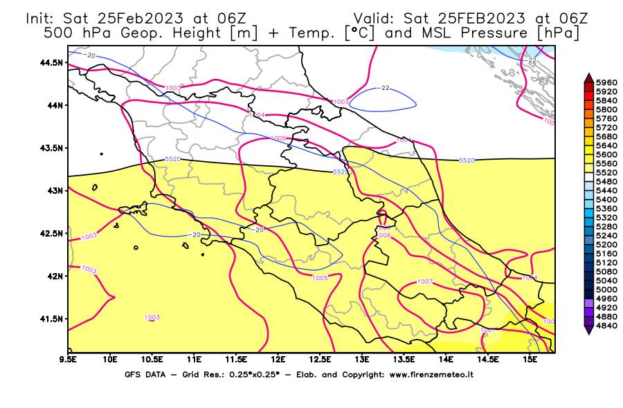 Mappa di analisi GFS - Geopotenziale [m] + Temp. [°C] a 500 hPa + Press. a livello del mare [hPa] in Centro-Italia
							del 25/02/2023 06 <!--googleoff: index-->UTC<!--googleon: index-->