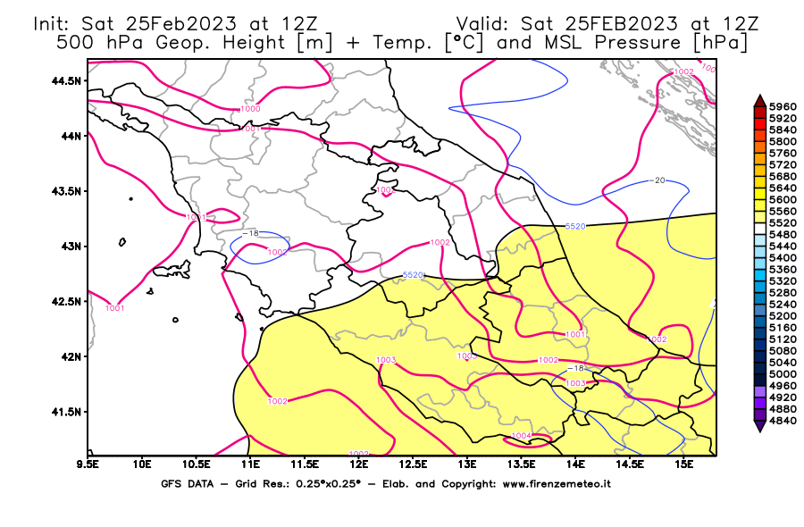 Mappa di analisi GFS - Geopotenziale [m] + Temp. [°C] a 500 hPa + Press. a livello del mare [hPa] in Centro-Italia
							del 25/02/2023 12 <!--googleoff: index-->UTC<!--googleon: index-->