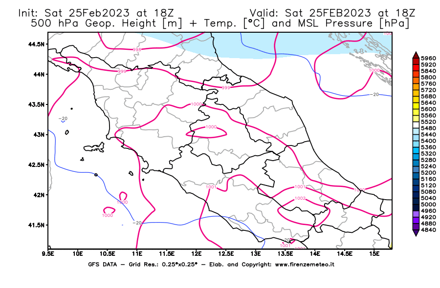 Mappa di analisi GFS - Geopotenziale [m] + Temp. [°C] a 500 hPa + Press. a livello del mare [hPa] in Centro-Italia
							del 25/02/2023 18 <!--googleoff: index-->UTC<!--googleon: index-->