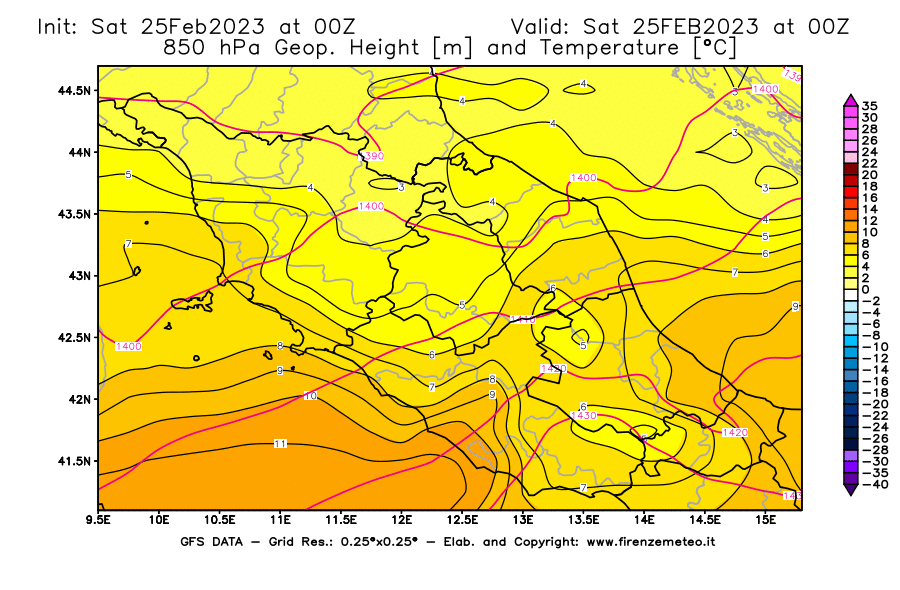 Mappa di analisi GFS - Geopotenziale [m] e Temperatura [°C] a 850 hPa in Centro-Italia
							del 25/02/2023 00 <!--googleoff: index-->UTC<!--googleon: index-->