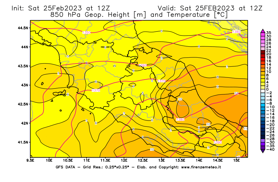 Mappa di analisi GFS - Geopotenziale [m] e Temperatura [°C] a 850 hPa in Centro-Italia
							del 25/02/2023 12 <!--googleoff: index-->UTC<!--googleon: index-->