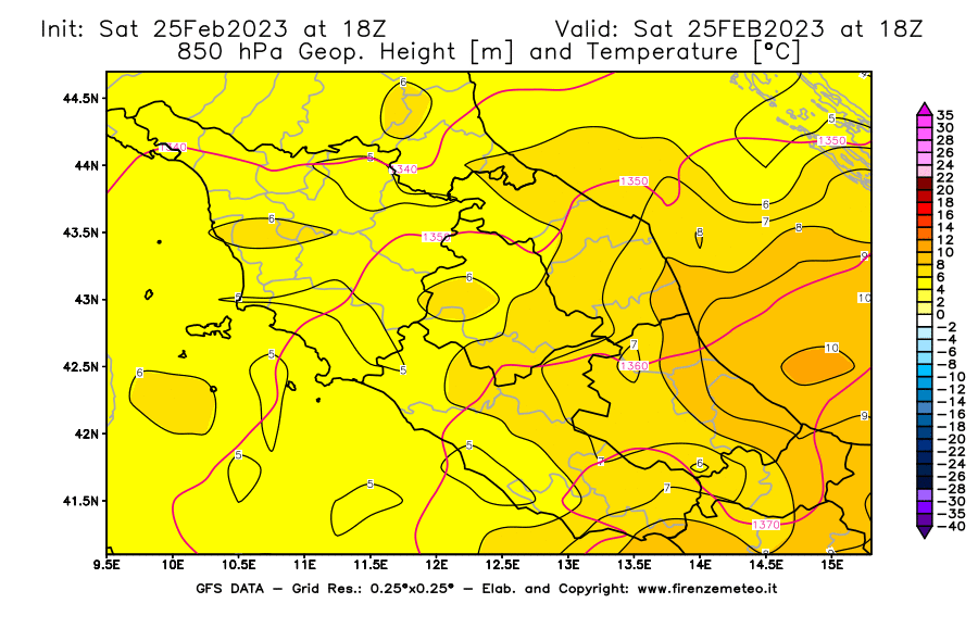 Mappa di analisi GFS - Geopotenziale [m] e Temperatura [°C] a 850 hPa in Centro-Italia
							del 25/02/2023 18 <!--googleoff: index-->UTC<!--googleon: index-->