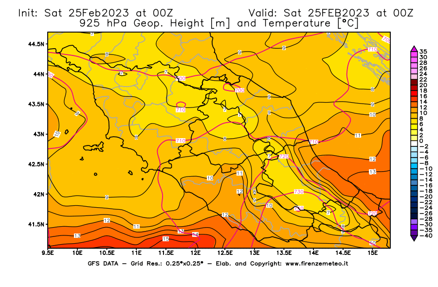 Mappa di analisi GFS - Geopotenziale [m] e Temperatura [°C] a 925 hPa in Centro-Italia
							del 25/02/2023 00 <!--googleoff: index-->UTC<!--googleon: index-->