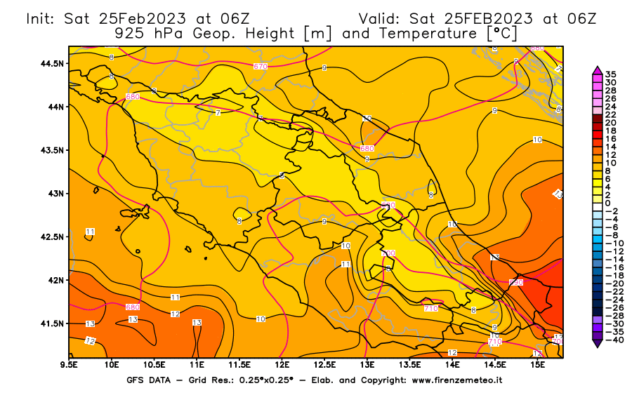 Mappa di analisi GFS - Geopotenziale [m] e Temperatura [°C] a 925 hPa in Centro-Italia
							del 25/02/2023 06 <!--googleoff: index-->UTC<!--googleon: index-->