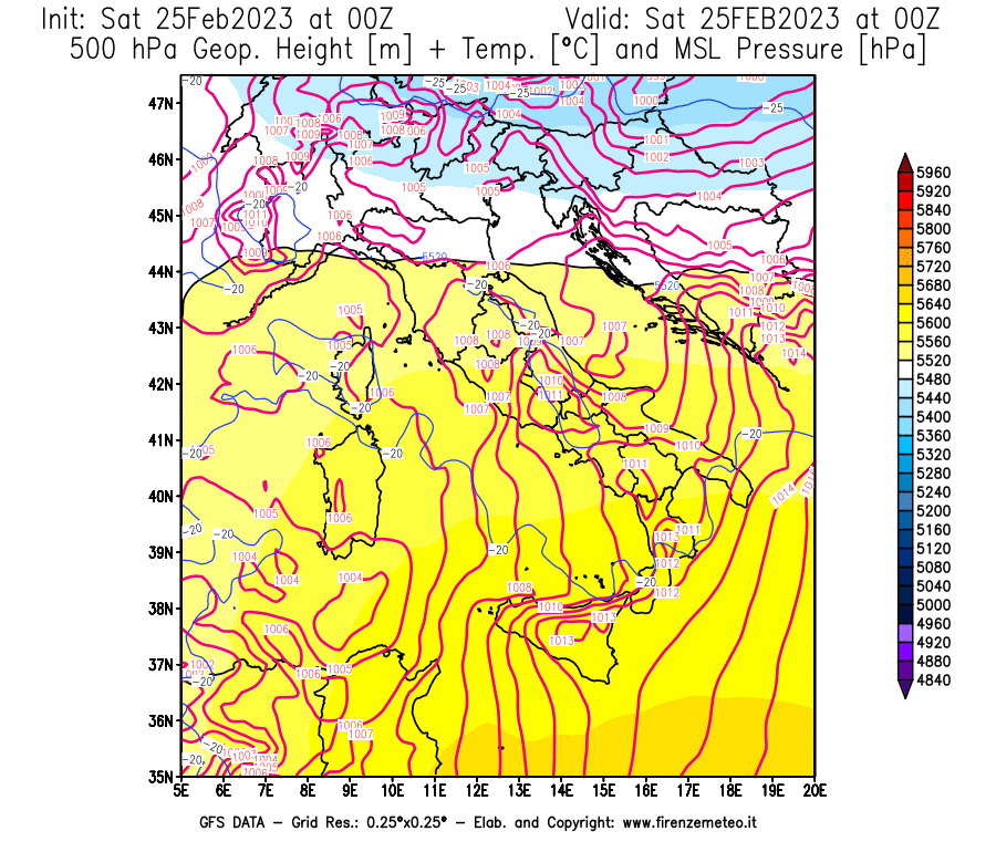 Mappa di analisi GFS - Geopotenziale [m] + Temp. [°C] a 500 hPa + Press. a livello del mare [hPa] in Italia
							del 25/02/2023 00 <!--googleoff: index-->UTC<!--googleon: index-->