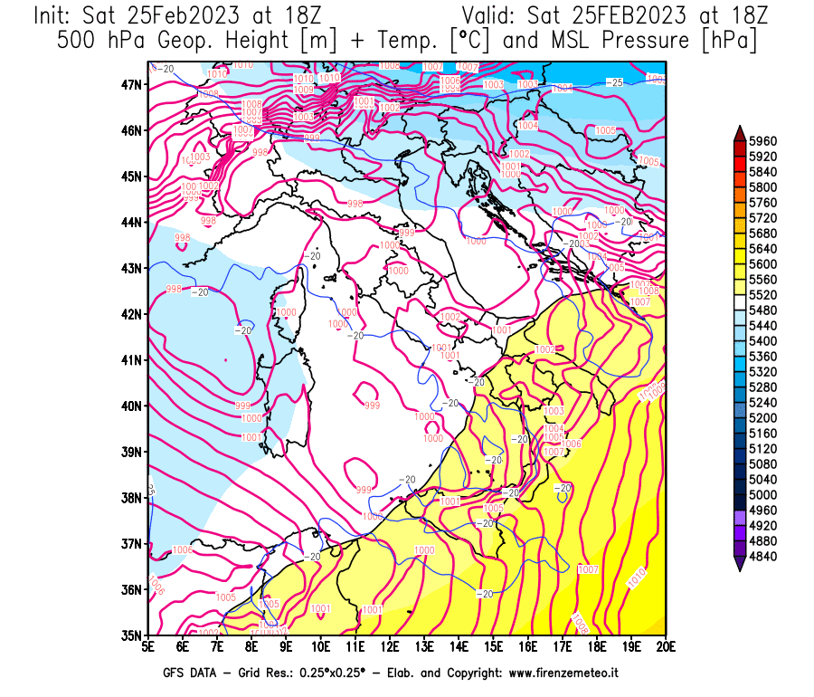 Mappa di analisi GFS - Geopotenziale [m] + Temp. [°C] a 500 hPa + Press. a livello del mare [hPa] in Italia
							del 25/02/2023 18 <!--googleoff: index-->UTC<!--googleon: index-->