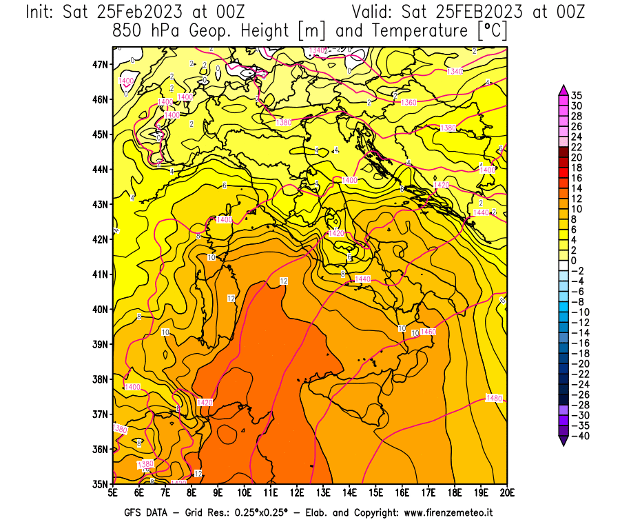 Mappa di analisi GFS - Geopotenziale [m] e Temperatura [°C] a 850 hPa in Italia
							del 25/02/2023 00 <!--googleoff: index-->UTC<!--googleon: index-->
