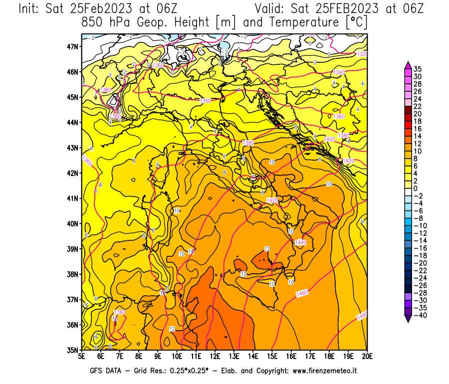Mappa di analisi GFS - Geopotenziale [m] e Temperatura [°C] a 850 hPa in Italia
							del 25/02/2023 06 <!--googleoff: index-->UTC<!--googleon: index-->