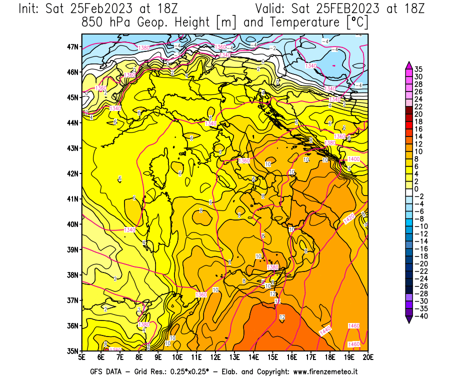 Mappa di analisi GFS - Geopotenziale [m] e Temperatura [°C] a 850 hPa in Italia
							del 25/02/2023 18 <!--googleoff: index-->UTC<!--googleon: index-->