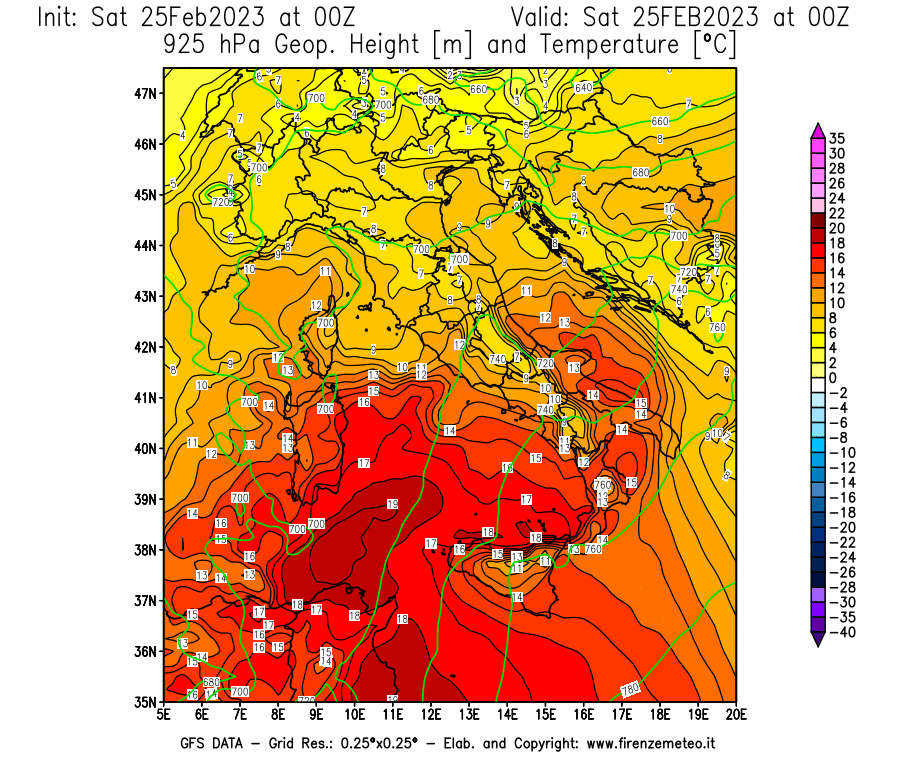 Mappa di analisi GFS - Geopotenziale [m] e Temperatura [°C] a 925 hPa in Italia
							del 25/02/2023 00 <!--googleoff: index-->UTC<!--googleon: index-->