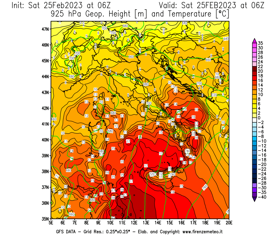 Mappa di analisi GFS - Geopotenziale [m] e Temperatura [°C] a 925 hPa in Italia
							del 25/02/2023 06 <!--googleoff: index-->UTC<!--googleon: index-->