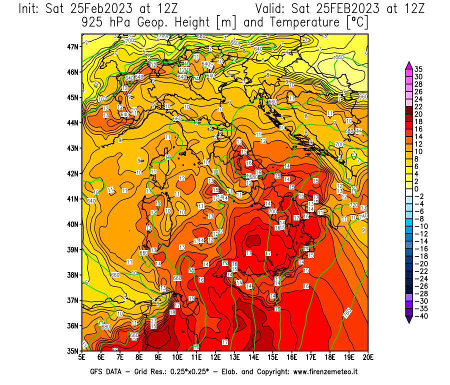 Mappa di analisi GFS - Geopotenziale [m] e Temperatura [°C] a 925 hPa in Italia
							del 25/02/2023 12 <!--googleoff: index-->UTC<!--googleon: index-->