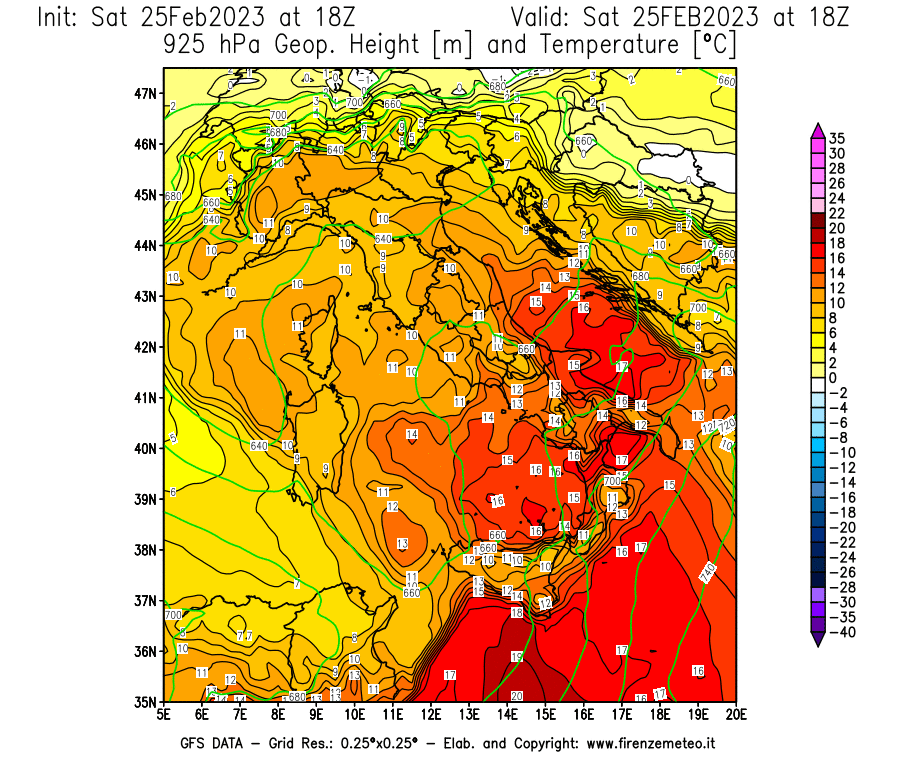 Mappa di analisi GFS - Geopotenziale [m] e Temperatura [°C] a 925 hPa in Italia
							del 25/02/2023 18 <!--googleoff: index-->UTC<!--googleon: index-->