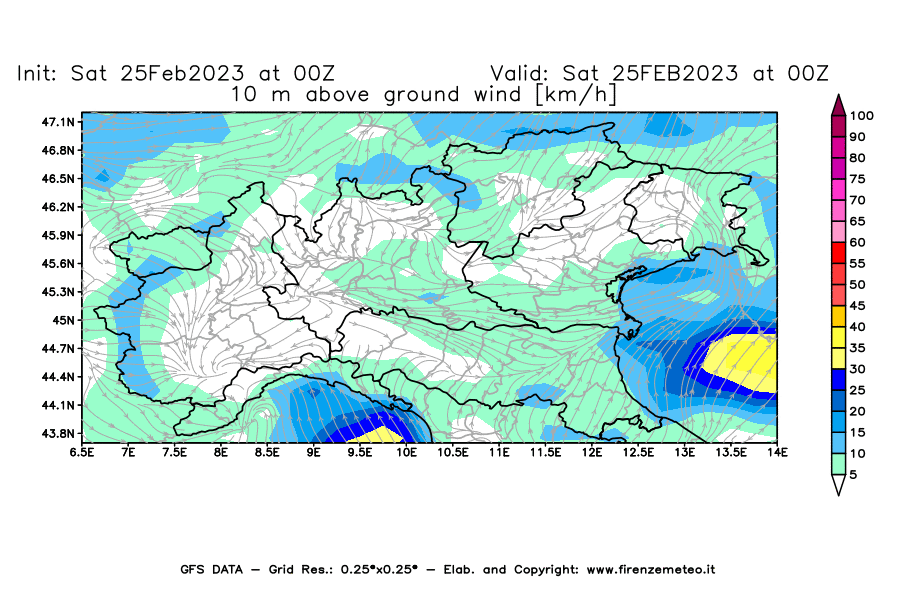 Mappa di analisi GFS - Velocità del vento a 10 metri dal suolo [km/h] in Nord-Italia
							del 25/02/2023 00 <!--googleoff: index-->UTC<!--googleon: index-->
