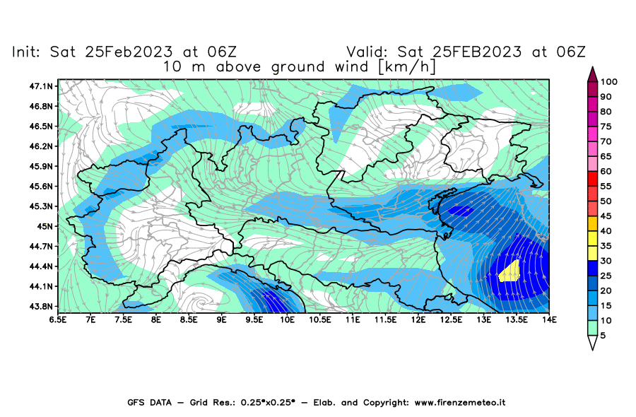 Mappa di analisi GFS - Velocità del vento a 10 metri dal suolo [km/h] in Nord-Italia
							del 25/02/2023 06 <!--googleoff: index-->UTC<!--googleon: index-->