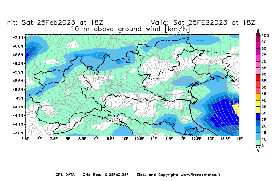 Mappa di analisi GFS - Velocità del vento a 10 metri dal suolo [km/h] in Nord-Italia
							del 25/02/2023 18 <!--googleoff: index-->UTC<!--googleon: index-->