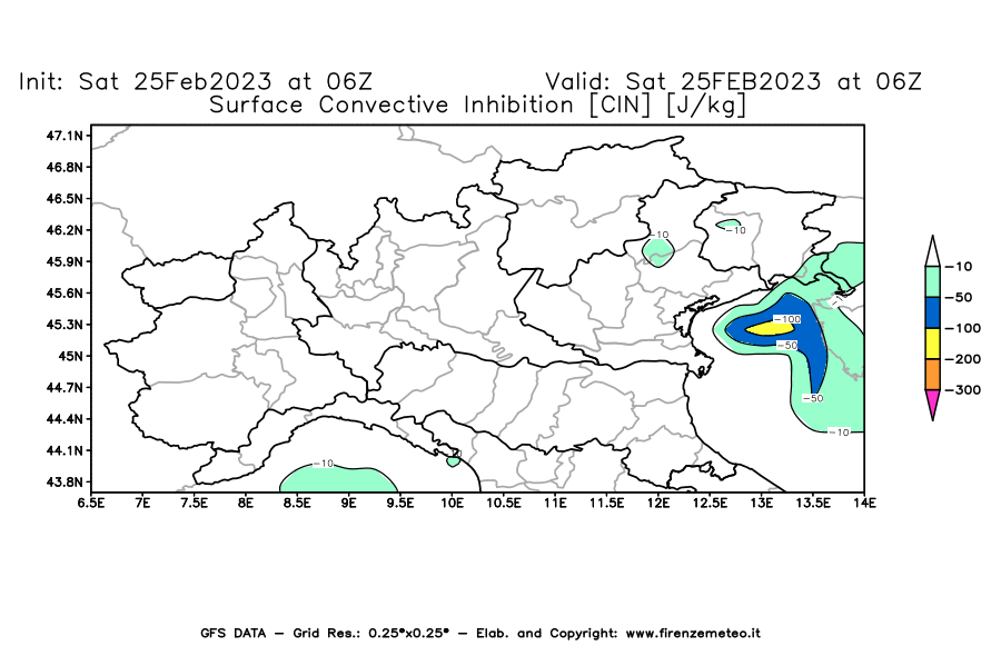 Mappa di analisi GFS - CIN [J/kg] in Nord-Italia
							del 25/02/2023 06 <!--googleoff: index-->UTC<!--googleon: index-->