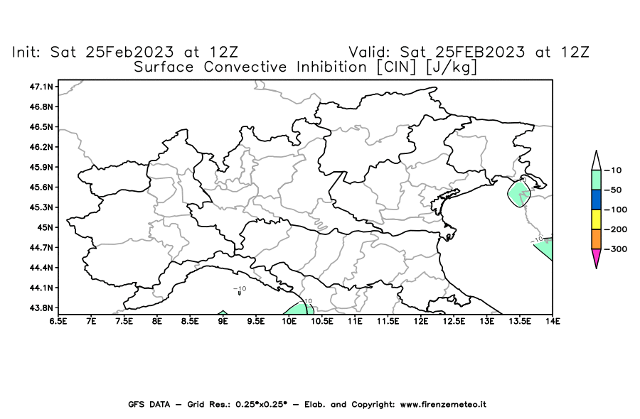 Mappa di analisi GFS - CIN [J/kg] in Nord-Italia
							del 25/02/2023 12 <!--googleoff: index-->UTC<!--googleon: index-->