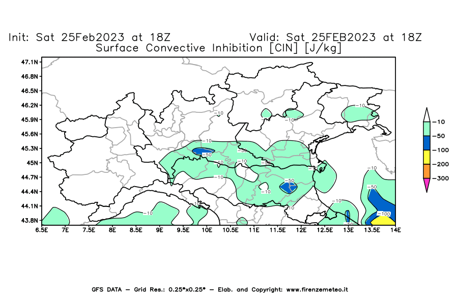Mappa di analisi GFS - CIN [J/kg] in Nord-Italia
							del 25/02/2023 18 <!--googleoff: index-->UTC<!--googleon: index-->