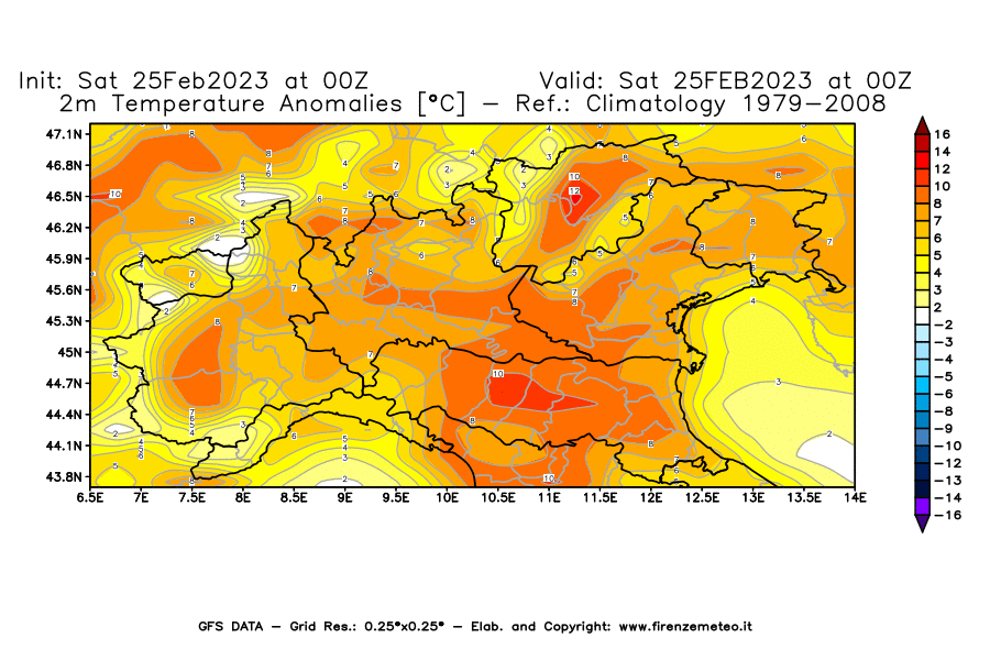 Mappa di analisi GFS - Anomalia Temperatura [°C] a 2 m in Nord-Italia
							del 25/02/2023 00 <!--googleoff: index-->UTC<!--googleon: index-->