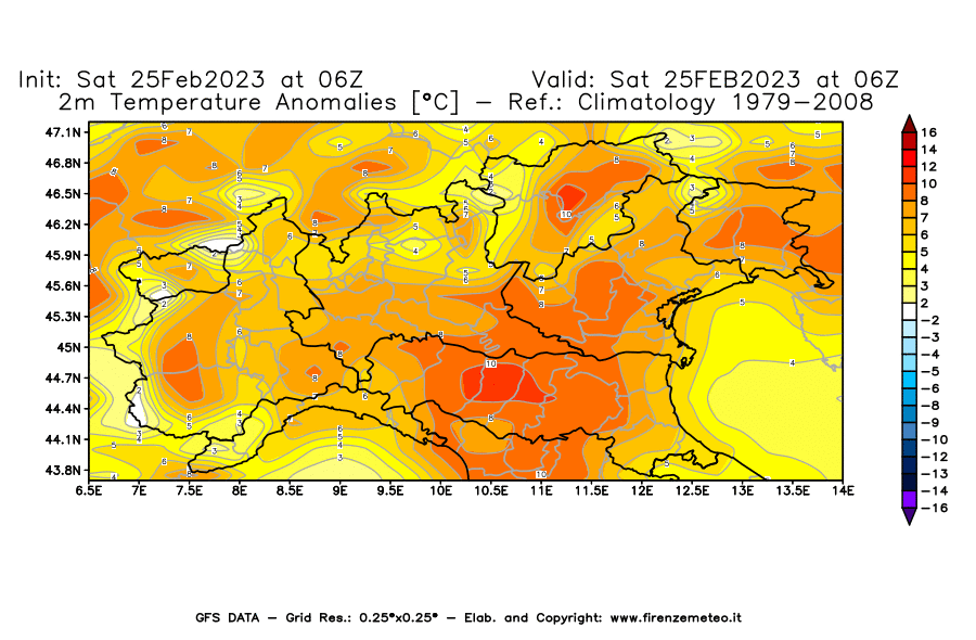 Mappa di analisi GFS - Anomalia Temperatura [°C] a 2 m in Nord-Italia
							del 25/02/2023 06 <!--googleoff: index-->UTC<!--googleon: index-->