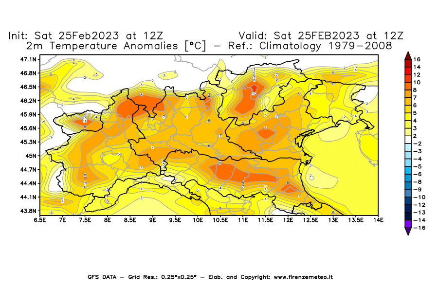 Mappa di analisi GFS - Anomalia Temperatura [°C] a 2 m in Nord-Italia
							del 25/02/2023 12 <!--googleoff: index-->UTC<!--googleon: index-->